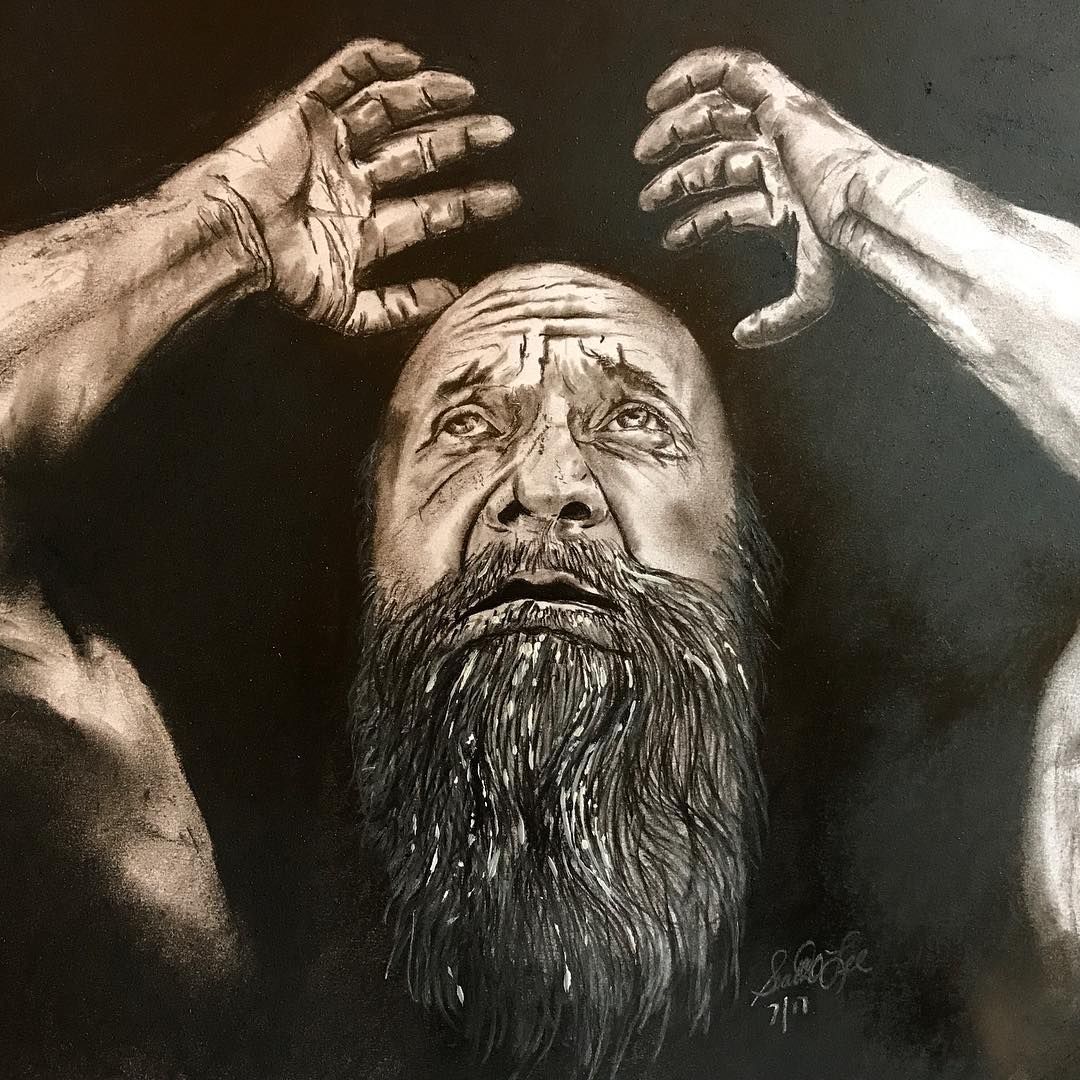 A man with a long beard and raised arms, looking upward with a distressed expression. Charcoal art.