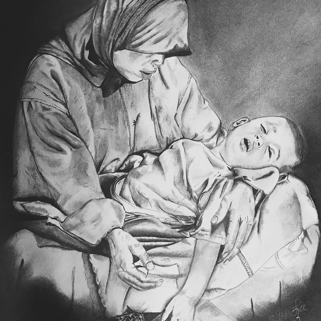 Woman cradles child, both appearing distressed. Charcoal drawing.