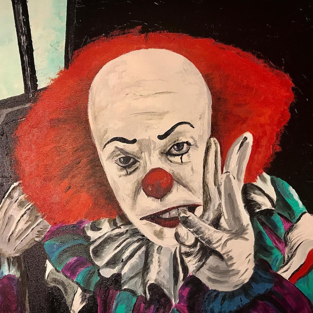 Painting of Pennywise the Clown with red hair, red nose, and sinister expression.