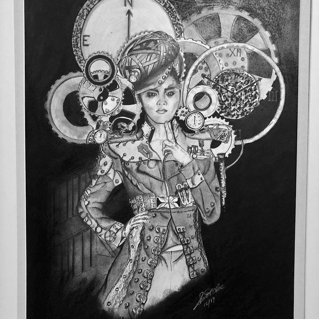Charcoal drawing of a person with elaborate clockwork elements, wearing a detailed jacket and hat, with a dark background.