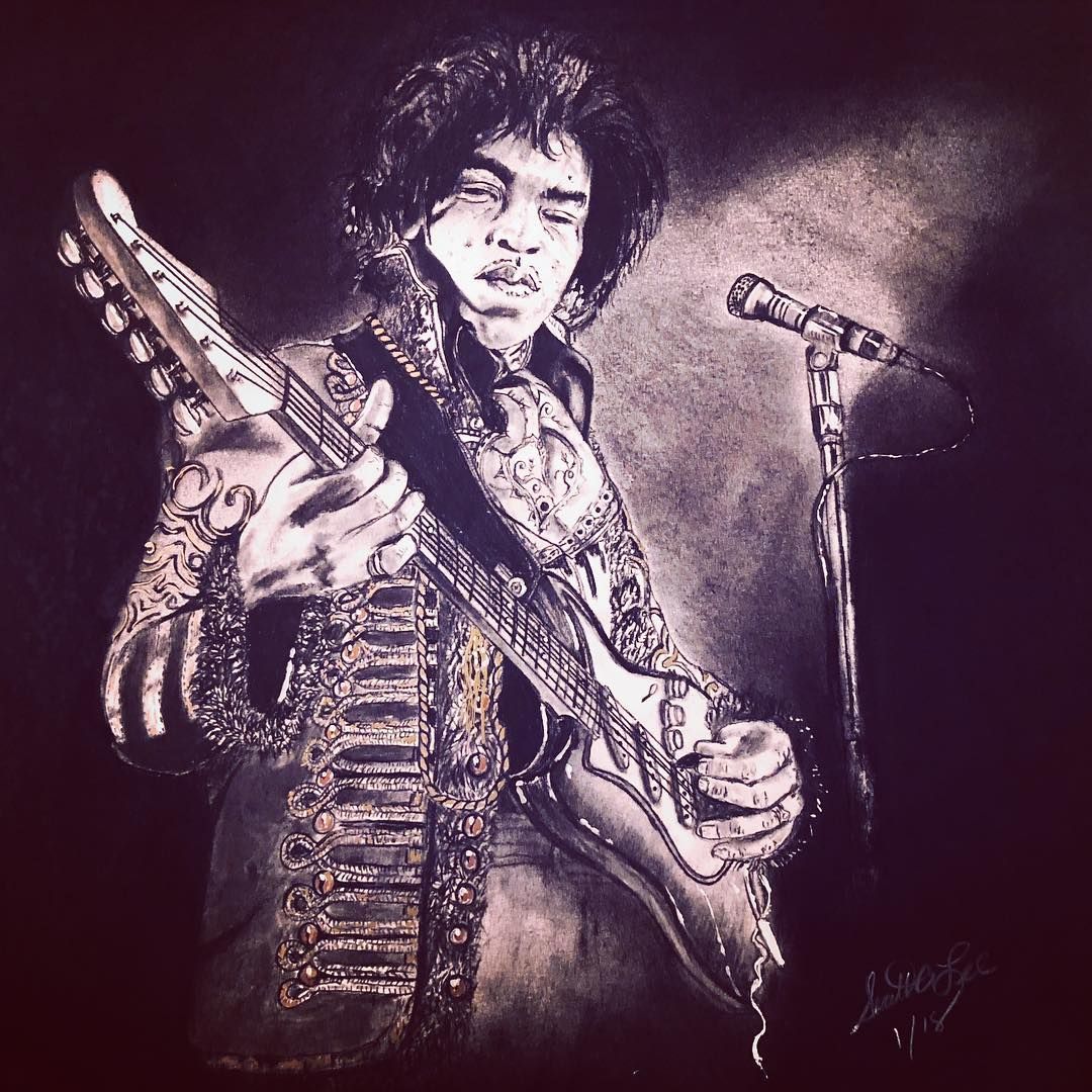 Black and white drawing of a musician playing a guitar on stage, lit by a spotlight.