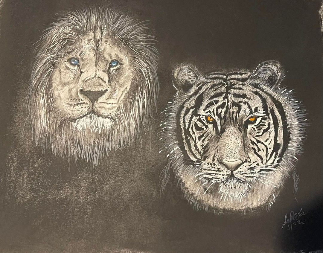 Lion and tiger side-by-side, facing forward with intense gazes; primarily white and gray on dark background.