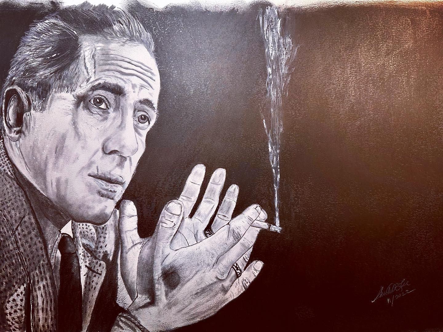 Black and white drawing of Humphrey Bogart, holding a cigarette and looking pensively to the left.