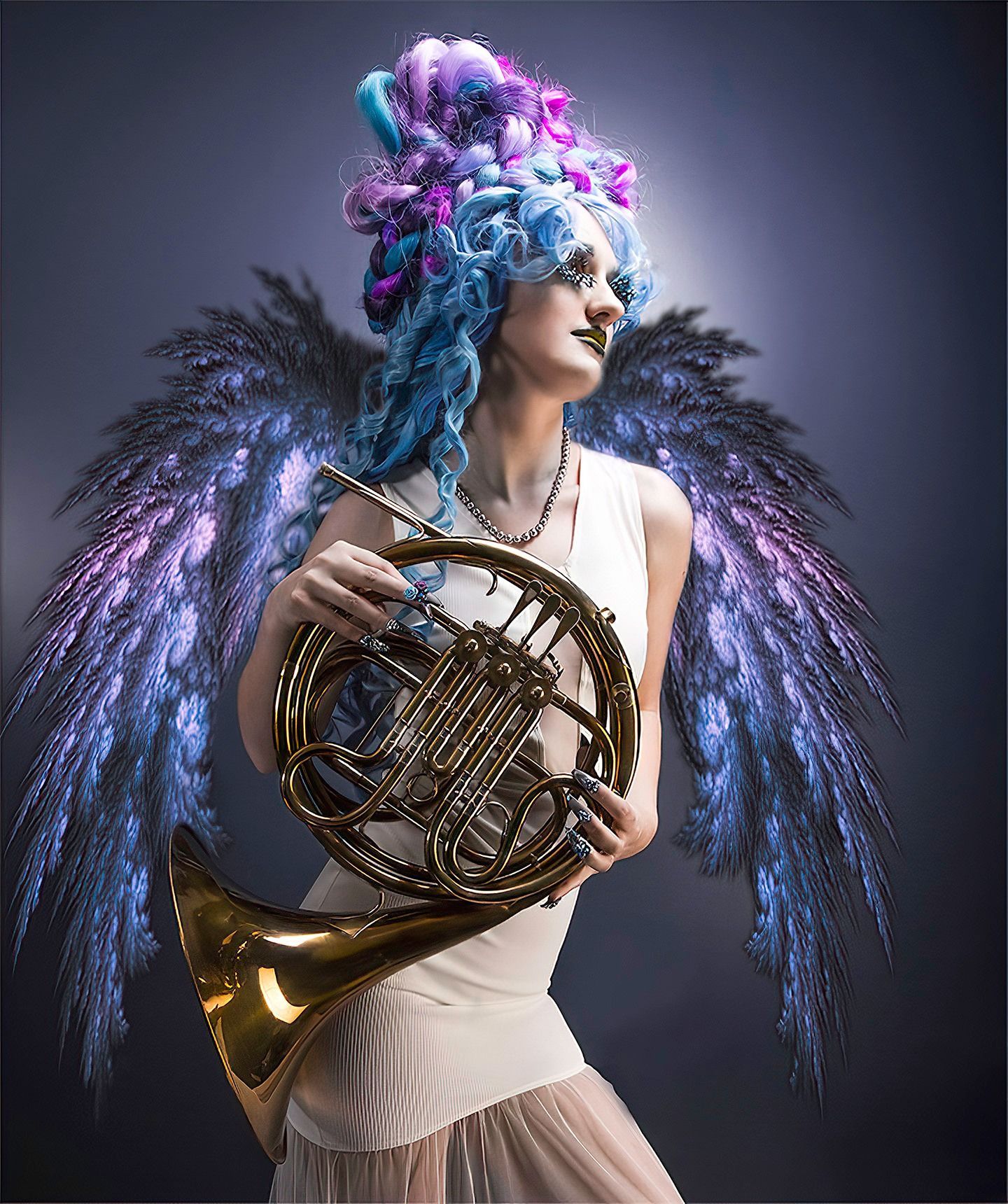 Woman with blue hair and feathered wings, holding a French horn.