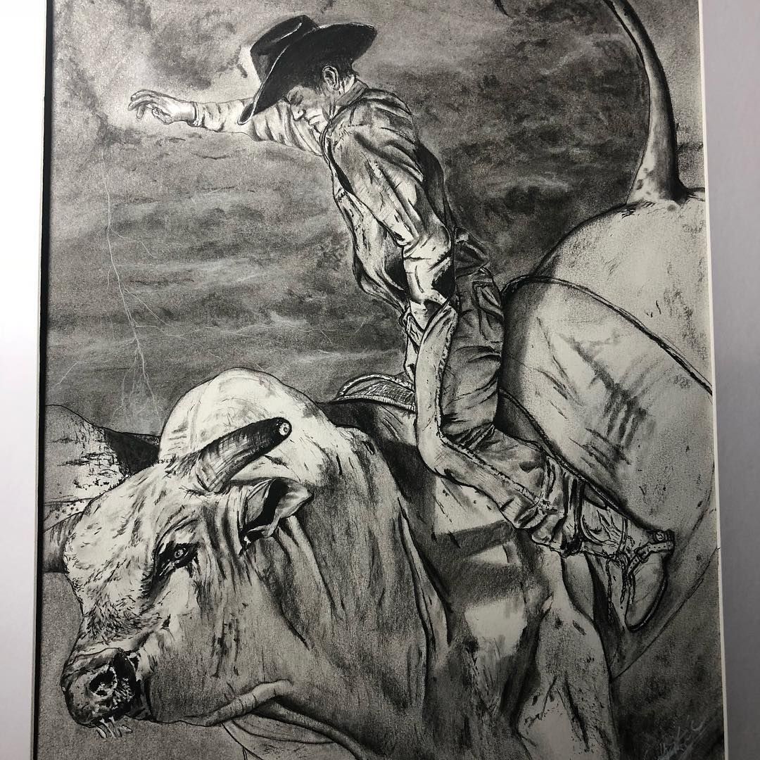 Cowboy riding a bucking bull, reaching out, black and white sketch.
