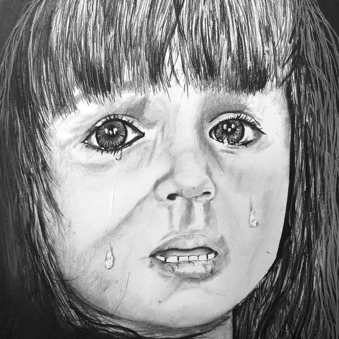 A child with tear-filled eyes, crying, mouth slightly open. Black and white drawing.