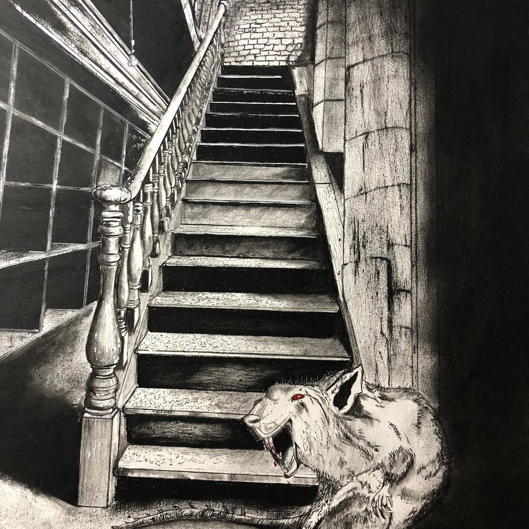 Black and white drawing of a staircase with a rat in the foreground.