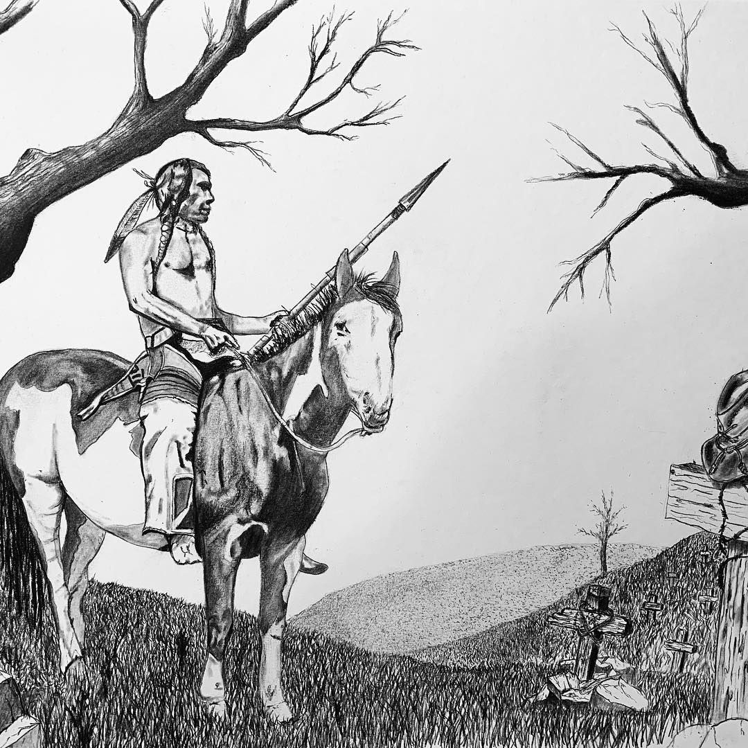 Native American on horseback, holding a spear. Landscape with trees and hills.