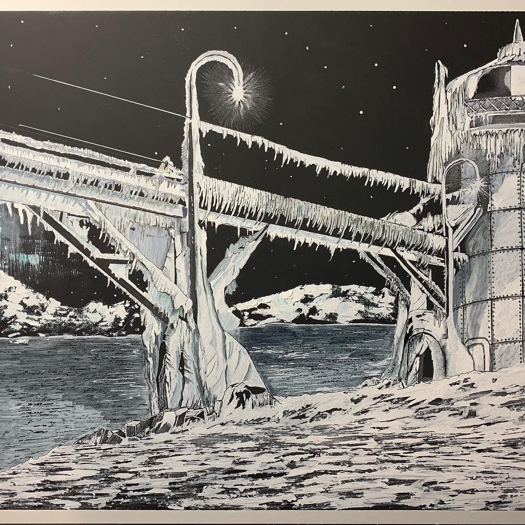 Icy bridge at night, lit lamp overhead. Snow and ice cover the structure, dark water below.