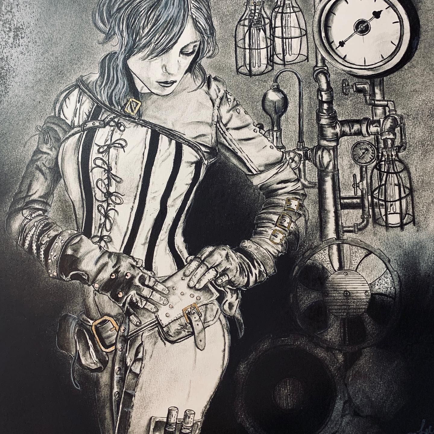 Steampunk figure in corset, looking down, near pipes and gauges.