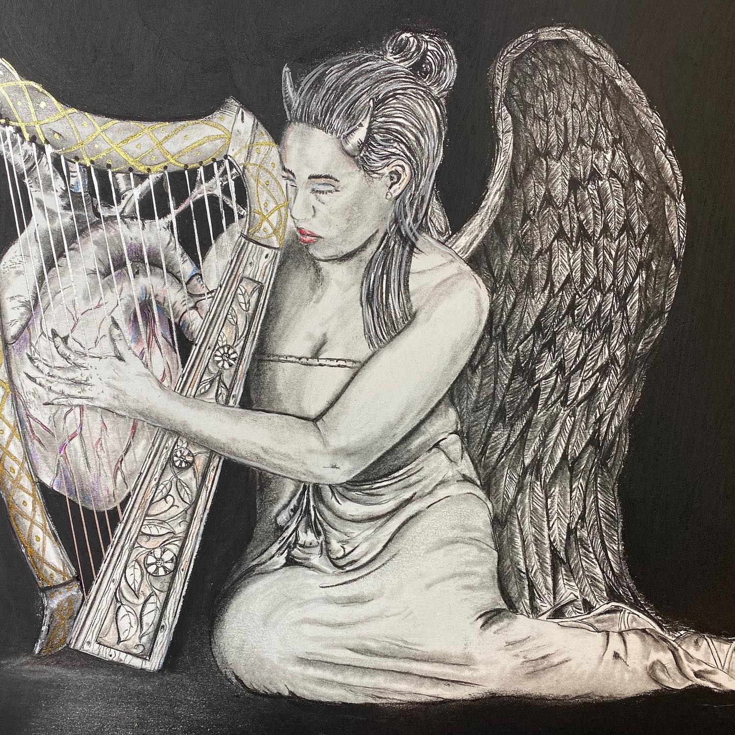 Woman with horns and wings playing a harp, heart-shaped object inside, dark background.