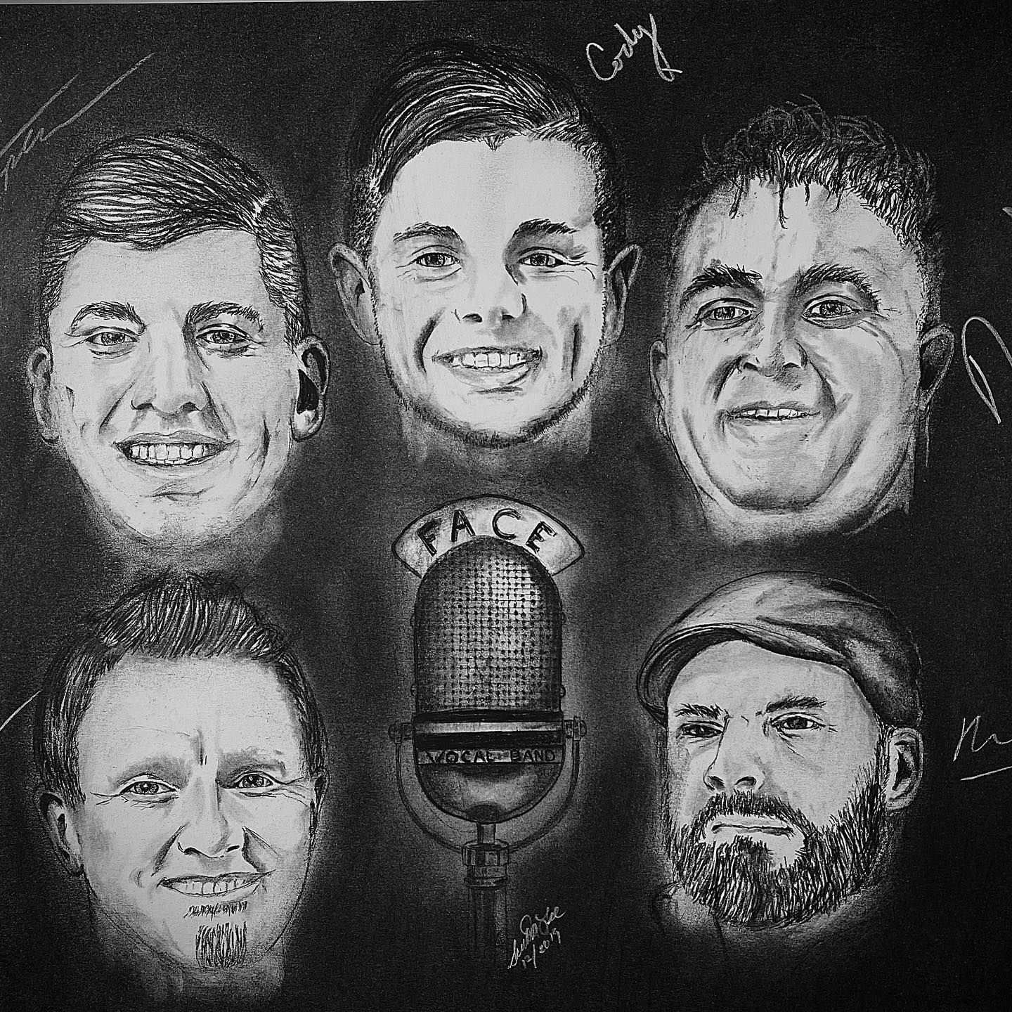 Pencil drawing of five smiling men and a microphone; 