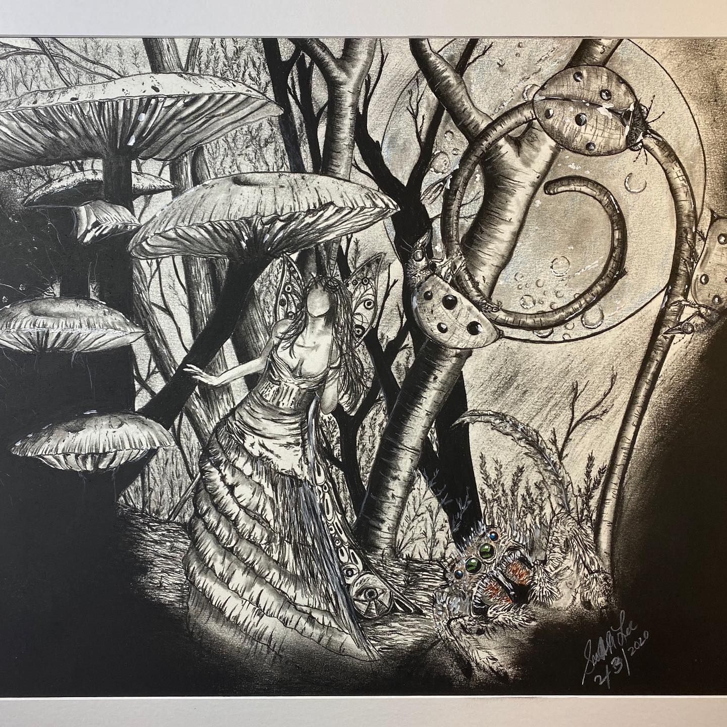 Woman in forest, surrounded by giant mushrooms and trees. Black and white charcoal drawing.