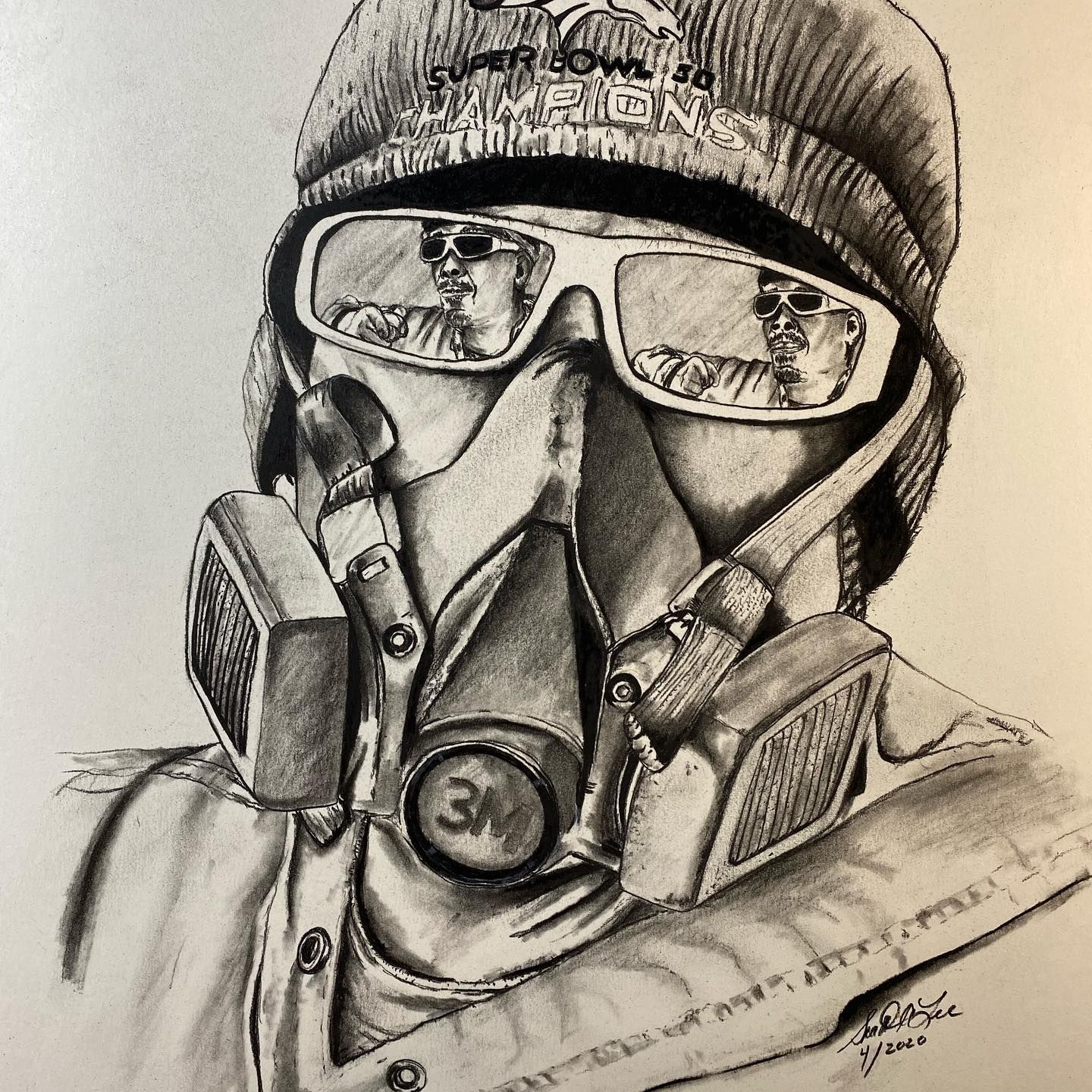 Pencil drawing of person wearing gas mask, safety glasses reflecting self, and a beanie, likely outdoors.