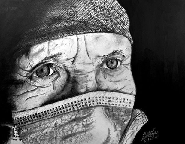 Close-up drawing of a person wearing a surgical mask and cap, intense eyes, shaded textures.