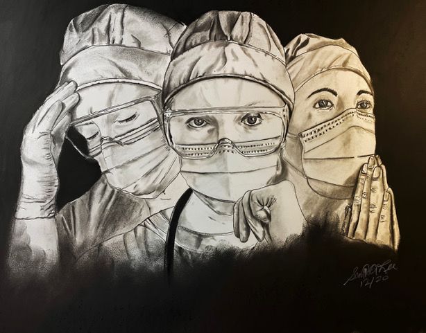Three medical professionals in masks and protective gear; black and white charcoal drawing.
