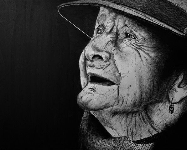 Close-up pencil drawing of a person wearing a hat, looking up with a surprised expression.