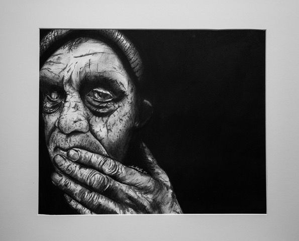 Close-up charcoal drawing of a person covering their mouth. Deep shadows and wrinkles create a dramatic effect.