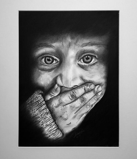 Child's face, charcoal drawing, hand covering mouth, wide eyes. Dark background, light and shadow play.
