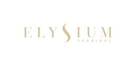 The elysium terrigal logo is a gold logo on a white background.