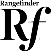 A black and white logo for rangefinder rf.
