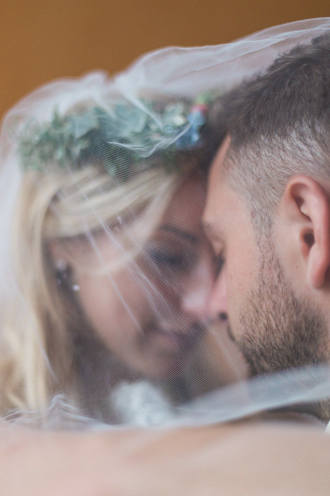 A bride and groom are kissing under a veil.