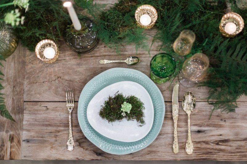 There is a plate with moss on it on the table.
