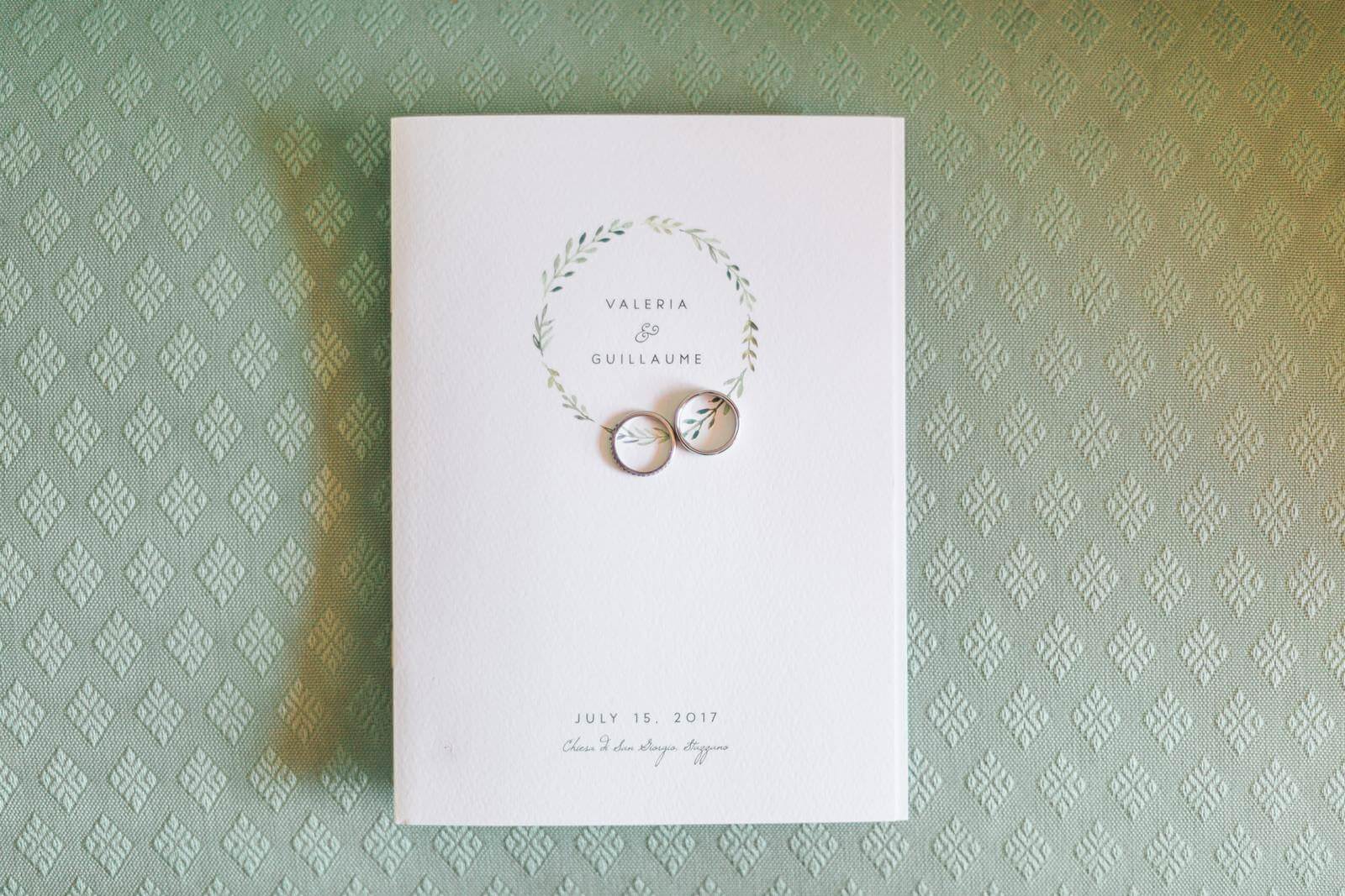 A wedding invitation with a pair of wedding rings on it.