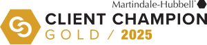 Client Champion Gold 2025 award logo with a gold hexagon and the words