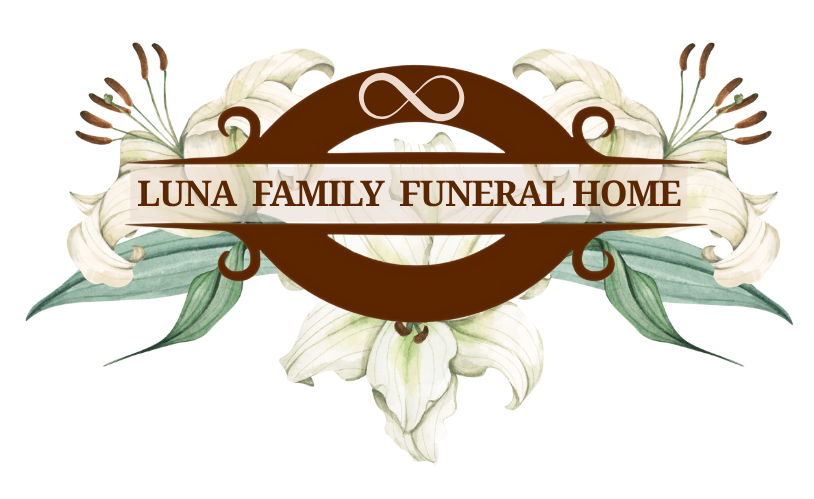 Luna Family Funeral Home logo with brown ribbon, white lilies, and green leaves on a light background