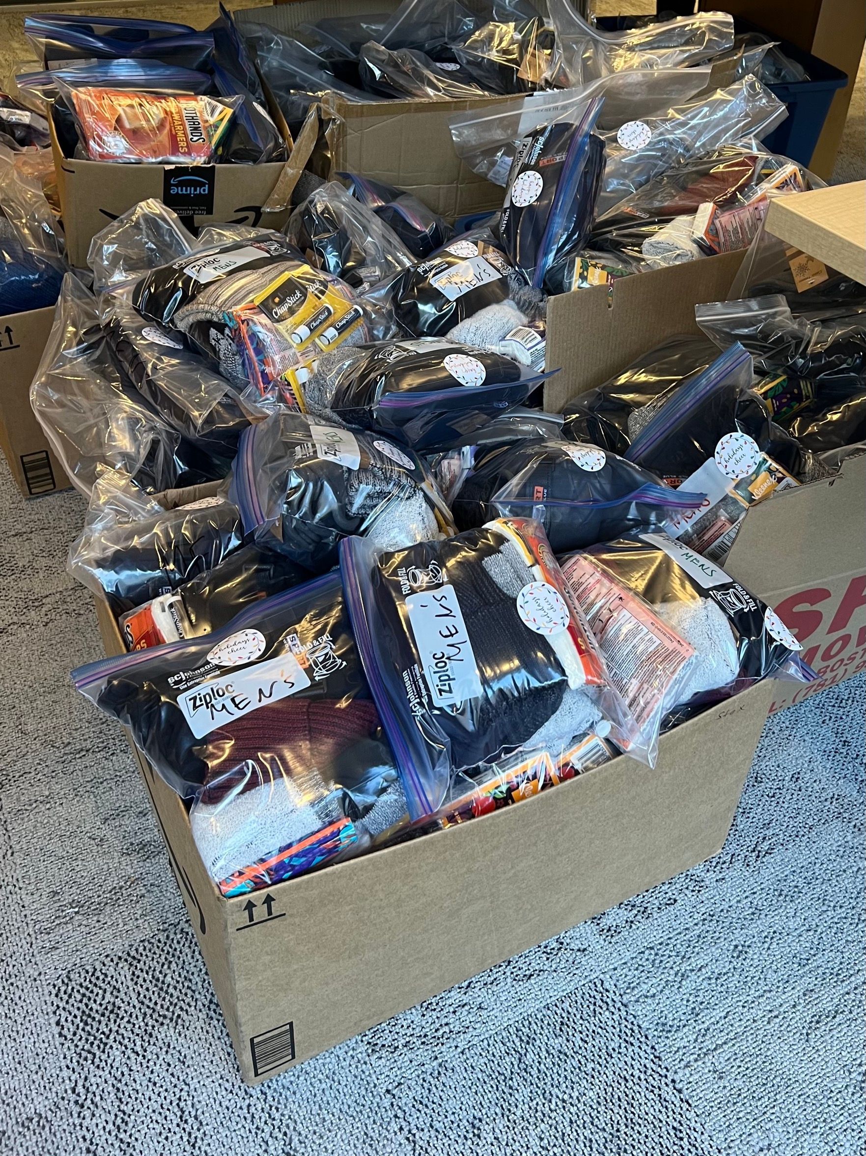 Assembled kits in boxes ready to be delivered.