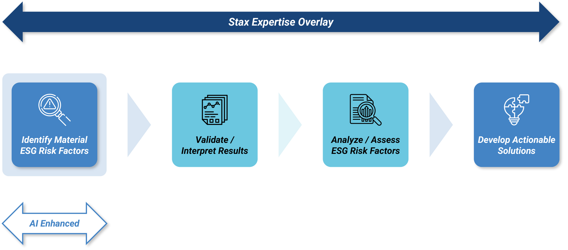 A visualization of Stax's approach and expertise utilizing AI to assess ESG factors.