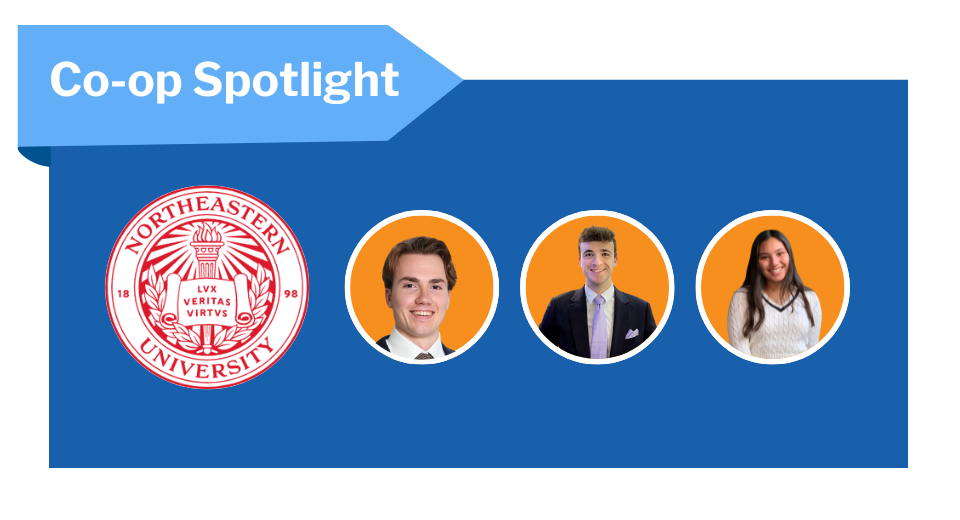 Graphic that includes the Northeastern emblem and images of our co-ops: Chris, Luke, and Maddy.
