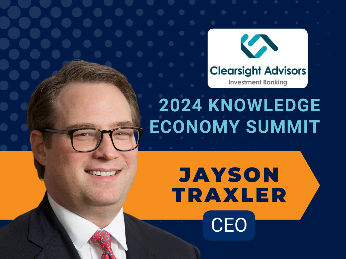 Article image featuring Clearsight Advisors logo, the summit name: 2024 knowledge economy summit, and Jayson Traxler, Stax CEO
