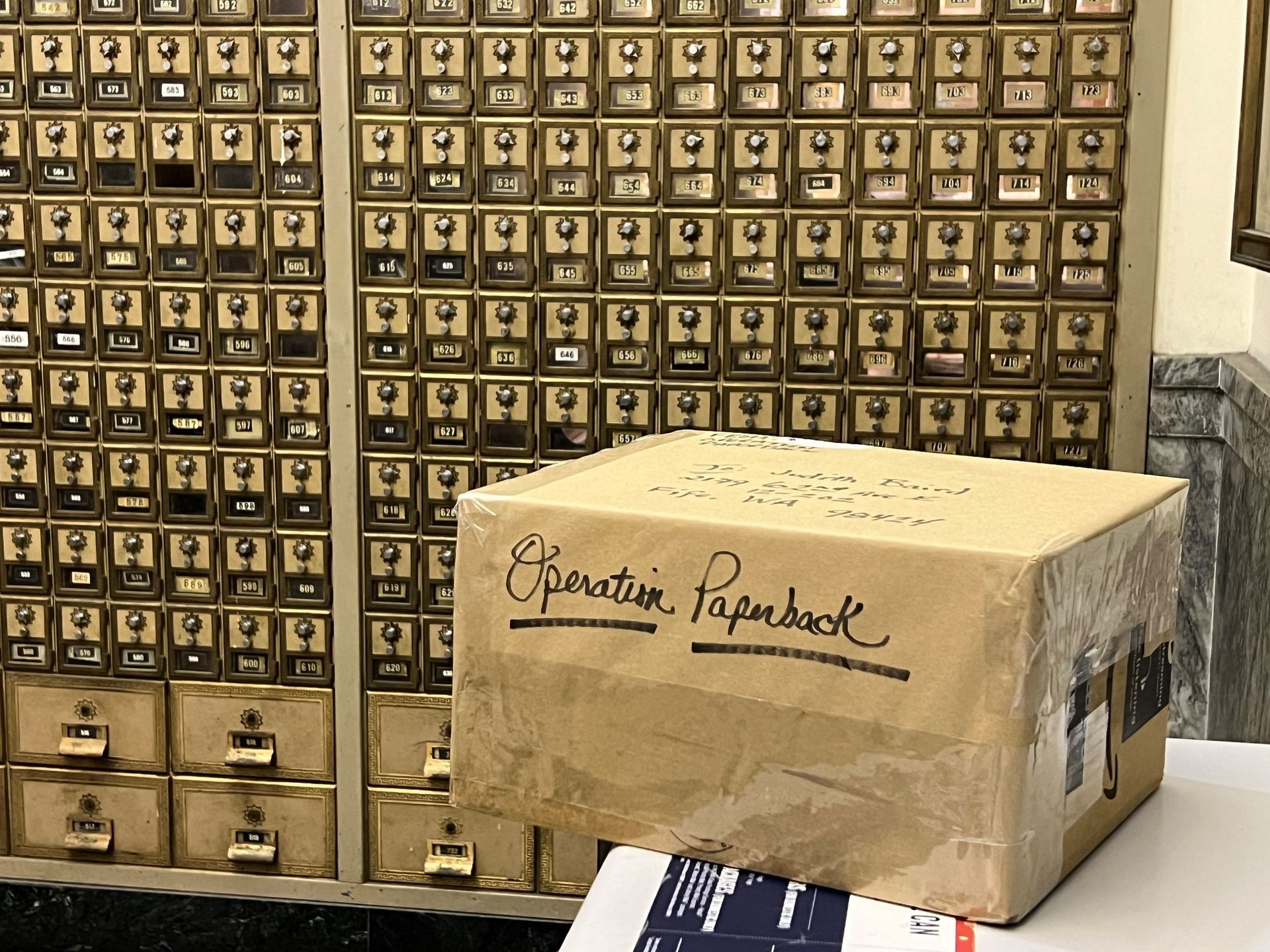 Image of Operation Paperback package at the post office