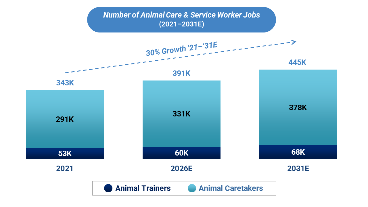 Bar chart showing the number of animal care and service worker jobs from 2021 to 2031 (with estimates). Totals are segmented by job type- animal trainers and animal caretakers. Overall, trends show a 30% growth is expected from 2021-2031.