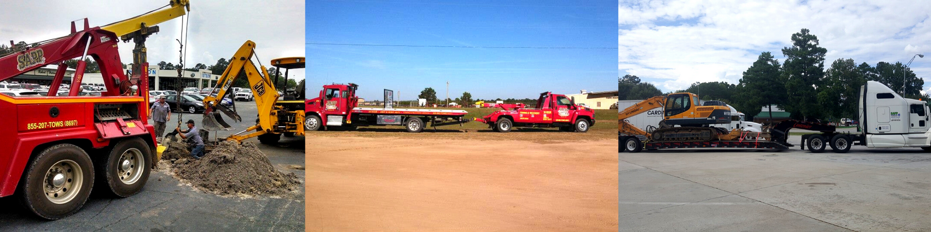 Three construction vehicles: tow truck, flatbed truck, semi truck with machinery, outdoors.