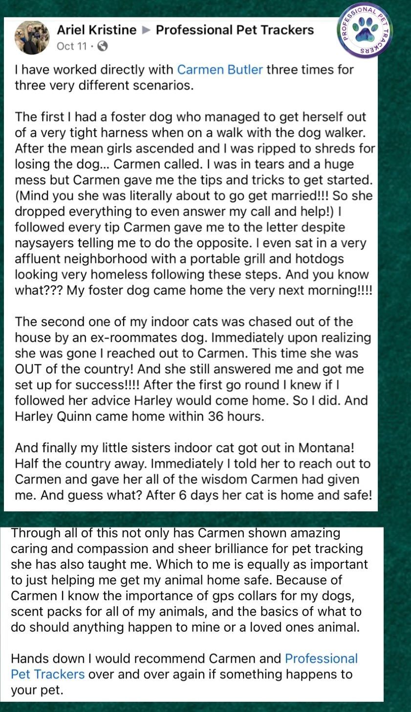 Review Fourteen — Stephens City, VA — Professional Pet Trackers