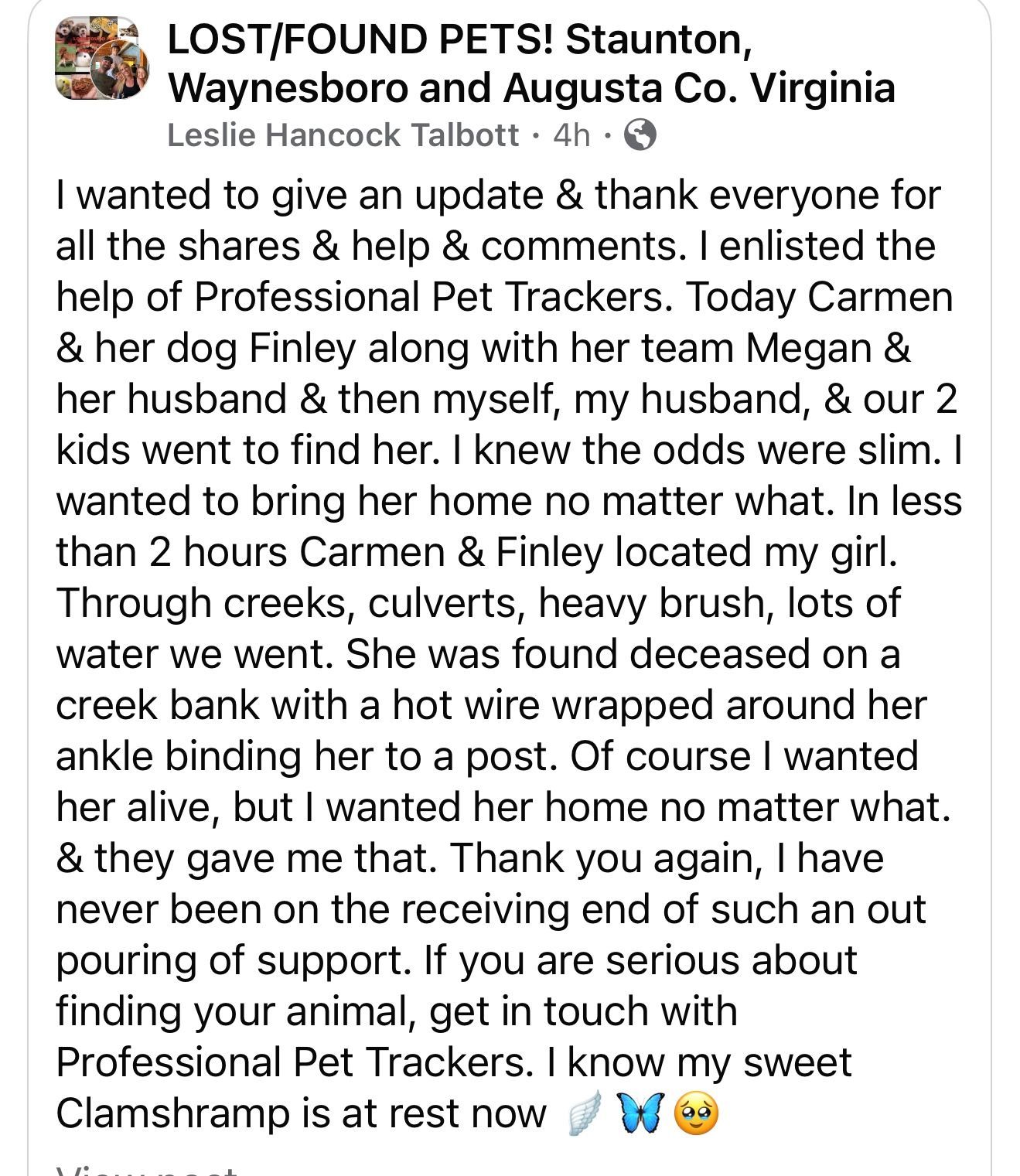 Review Fifteen — Stephens City, VA — Professional Pet Trackers