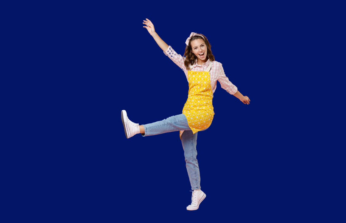 A woman in a yellow apron is standing on one leg on a blue background.