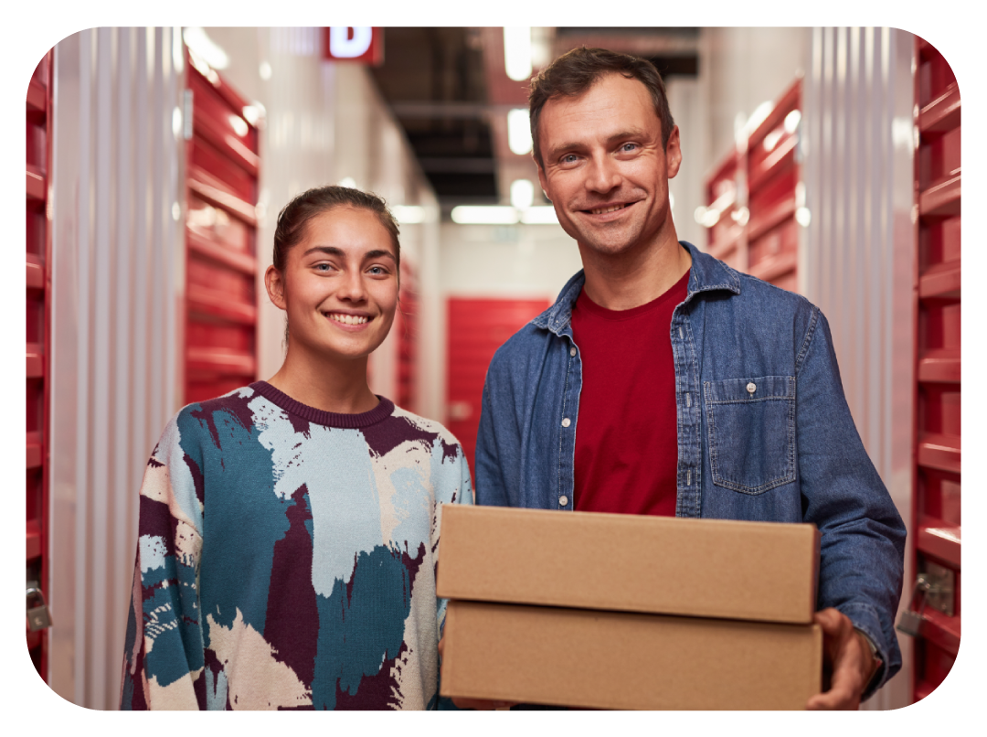 Woman receiving package, another paying online with a tablet and credit card. Green accent lines.