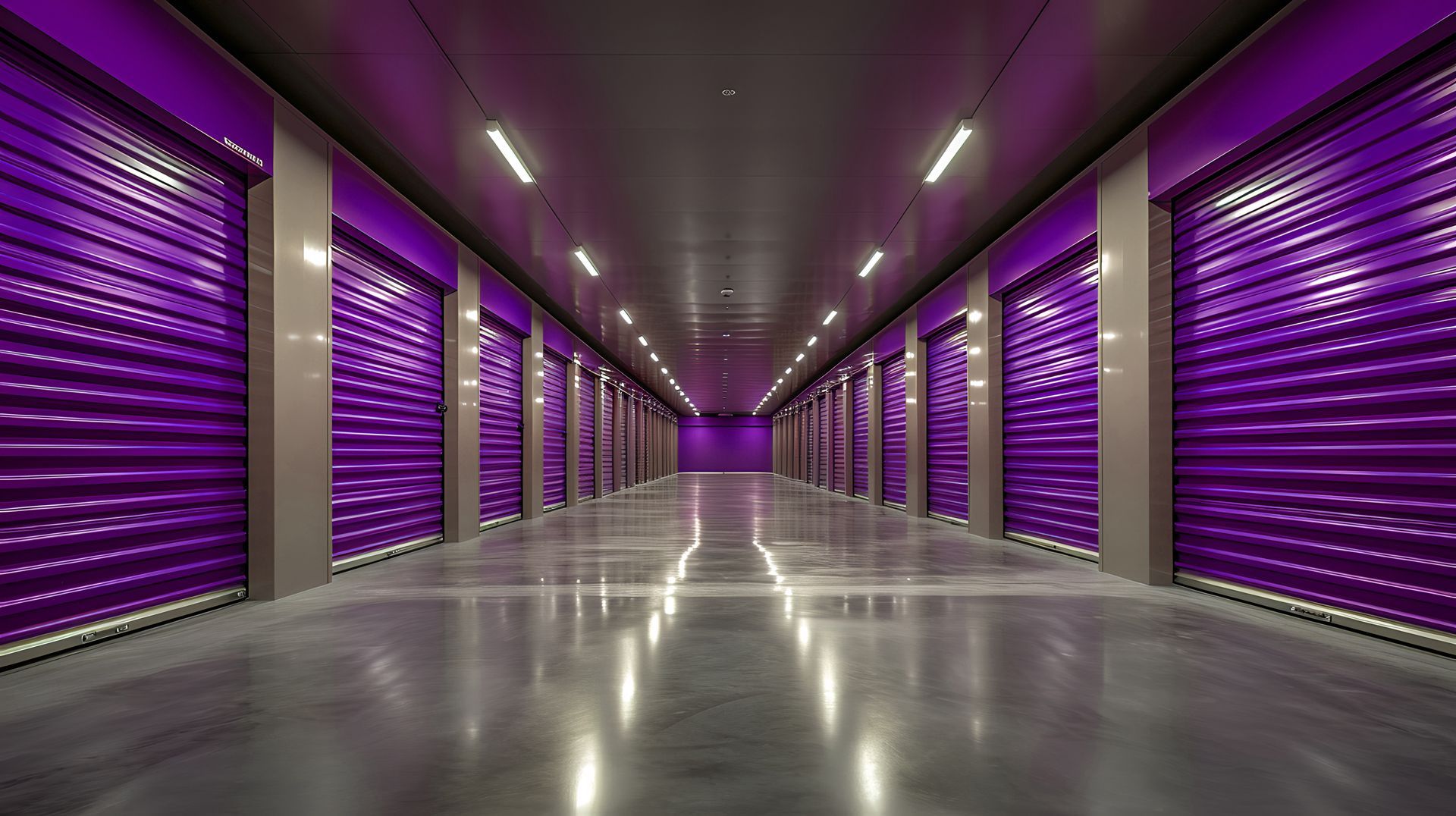 Long hallway with rows of purple storage unit doors, reflecting in the polished concrete floor.