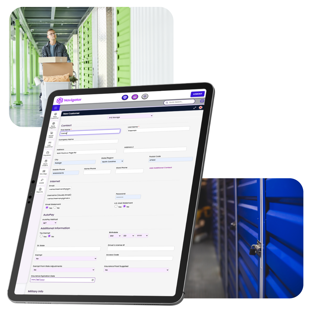 Woman on phone with another couple carrying moving boxes. Purple line connects the scenes.