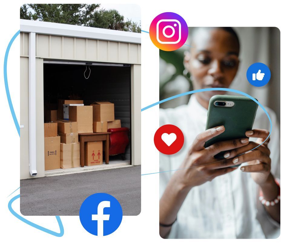 Storage unit filled with boxes next to a person using a phone, social media icons present.