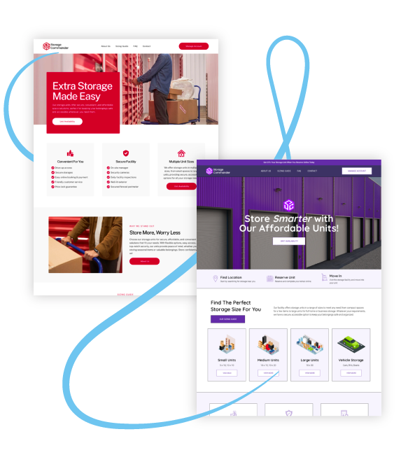 Two website mockups for storage facilities; one red and one purple.