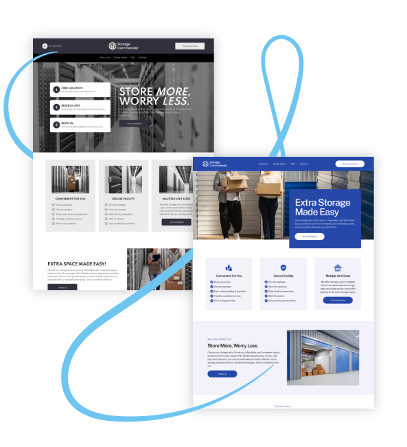 Two website mockups for a storage company: one black and white, one blue and white.