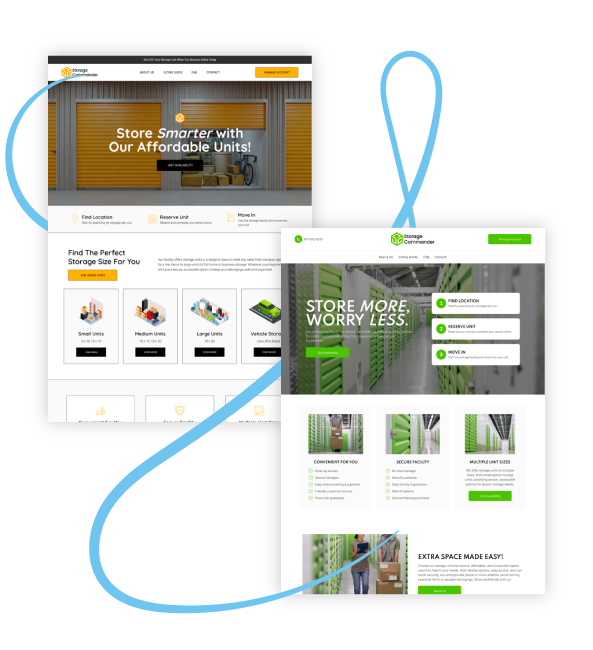 Website mockups showcasing self-storage solutions with green and yellow accents.