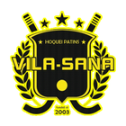 Logotipo de Vila-Sana Hoquei Patins: escudo negro y amarillo con palos de hockey cruzados, estrellas y coronas de laurel.