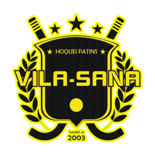 Logotipo de Vila-Sana Hoquei Patins: escudo negro y amarillo con palos de hockey cruzados, estrellas y coronas de laurel.