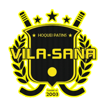 Logotipo de Vila-Sana Hoquei Patins: escudo negro y amarillo con palos de hockey cruzados, estrellas y coronas de laurel.
